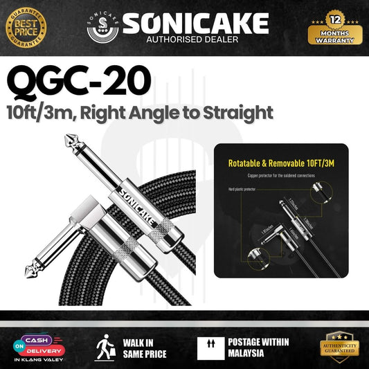 SONICAKE QGC-20 10ft / 3m Braided Guitar Cable (1/4 Right Angle to Straight) - Black (QGC-20)