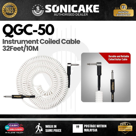 SONICAKE QGC-50 Instrument Coiled Cable 32Feet/10M  (1/4 Right Angle to Straight) - White (QGC-50)