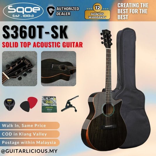 SQOE S360T-SK 41 inch Solid Top Acoustic Guitar ( S360T SK / S-360-T )