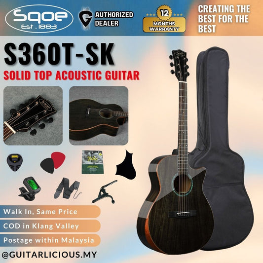 SQOE S360T-SK 41 inch Solid Top Acoustic Guitar ( S360T SK / S-360-T )