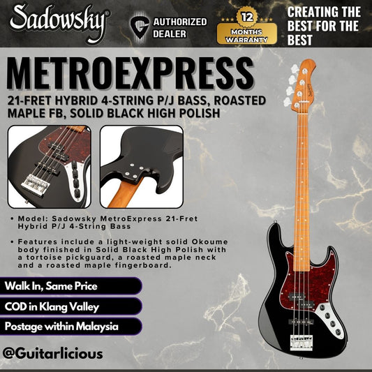 Sadowsky MetroExpress 21-Fret Hybrid 4-String P/J Bass, Roasted Maple FB, Solid Black High Polish