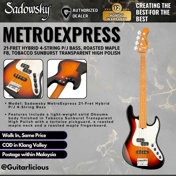 Sadowsky MetroExpress 21-Fret Hybrid 4-String P/J Bass, Tobacco Sunburst Transparent High Polish