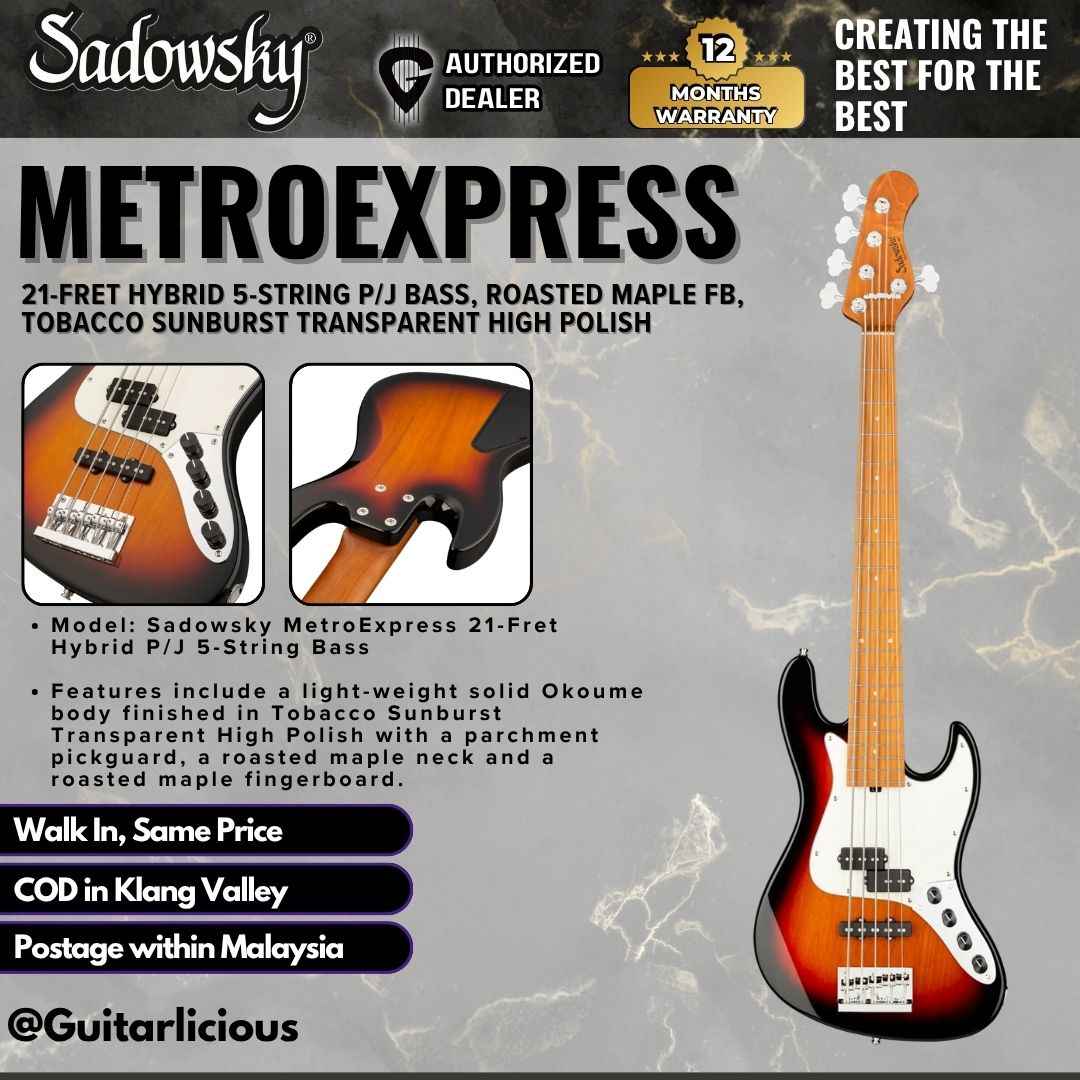 Sadowsky MetroExpress 21-Fret Hybrid 5-String P/J Bass, Tobacco Sunburst Transparent High Polish