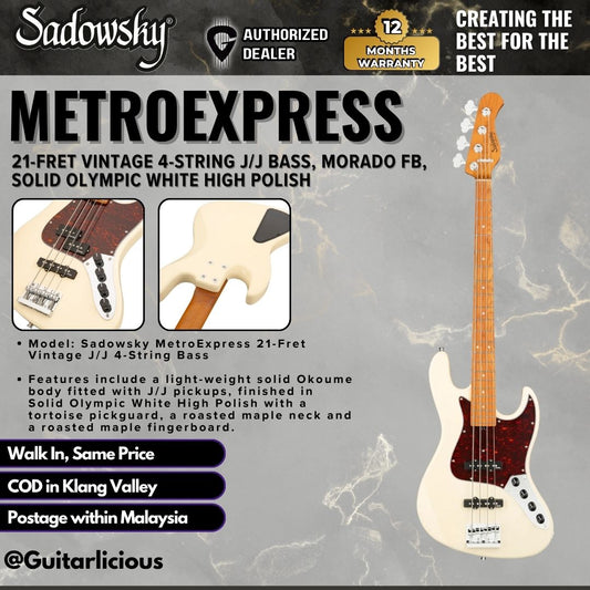 Sadowsky MetroExpress 21-Fret Vintage 4-String J/J Bass, Morado FB, Solid Olympic White High Polish