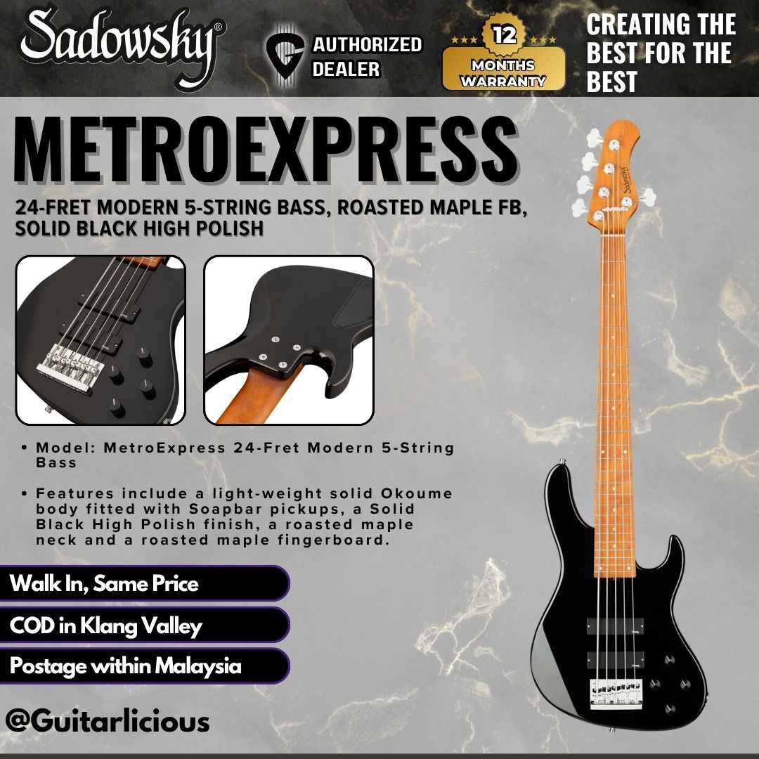 Sadowsky MetroExpress 24-Fret Modern 5-String Bass, Roasted Maple FB, Solid Black High Polish