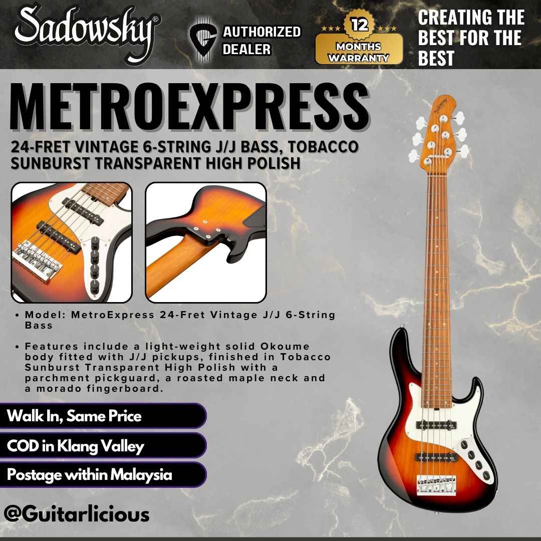 Sadowsky MetroExpress 24-Fret Vintage 6-String J/J Bass, Tobacco Sunburst Transparent High Polish