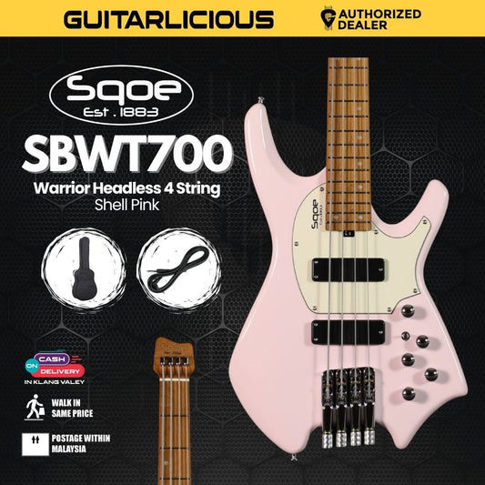 SQOE SBWT700 Warrior Headless 4 String Bass Guitar w Roasted Maple Neck - Shell Pink