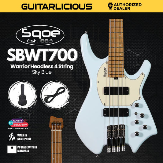 SQOE SBWT700 Warrior Headless 4 String Bass Guitar w Roasted Maple Neck - Sky Blue