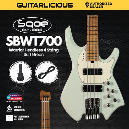SQOE SBWT700 Warrior Headless 4 String Bass Guitar w Roasted Maple Neck - Surf Green