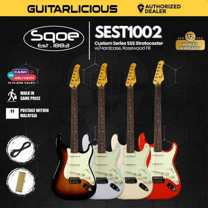 SQOE SEST1002 Custom Series SSS Stratocaster Electric Guitar w/Hardcase, Rosewood FB