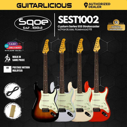 SQOE SEST1002 Custom Series SSS Stratocaster Electric Guitar w/Hardcase, Rosewood FB