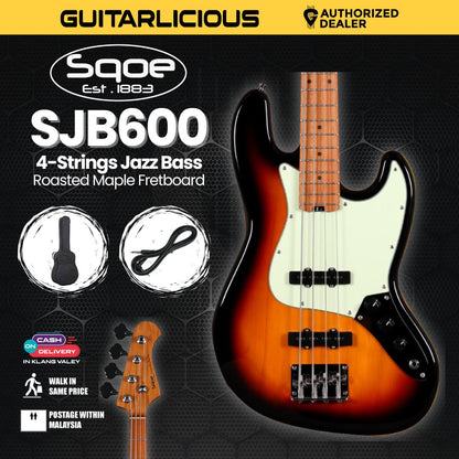 SQOE SJB600 4-Strings Jazz Bass Guitar, Roasted Maple Neck, Rosewood Fretboard ( SQ-SJB600 / SJB-600 / SJB 600 )