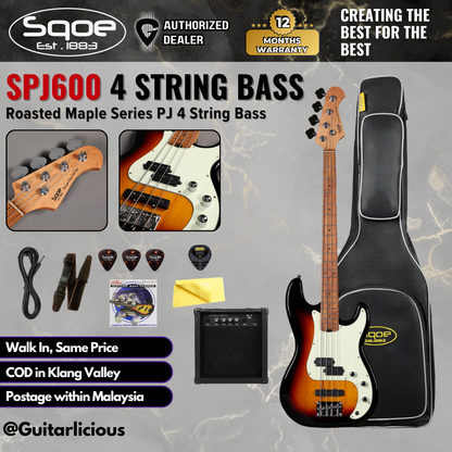 SQOE SPJ600 Roasted Maple Series PJ 4 String Bass Guitar