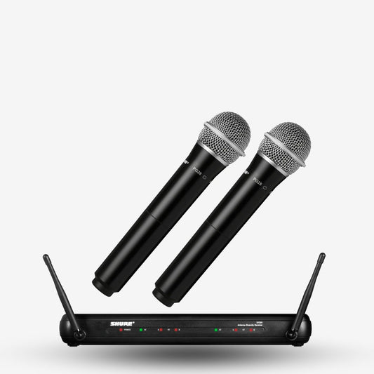 Shure SVX288/PG28 Dual Handheld Wireless Microphone System, SVX88 Dual Diversity Receiver & Dual PG28 Handheld Microphone - Free 2 x Microphone Clip