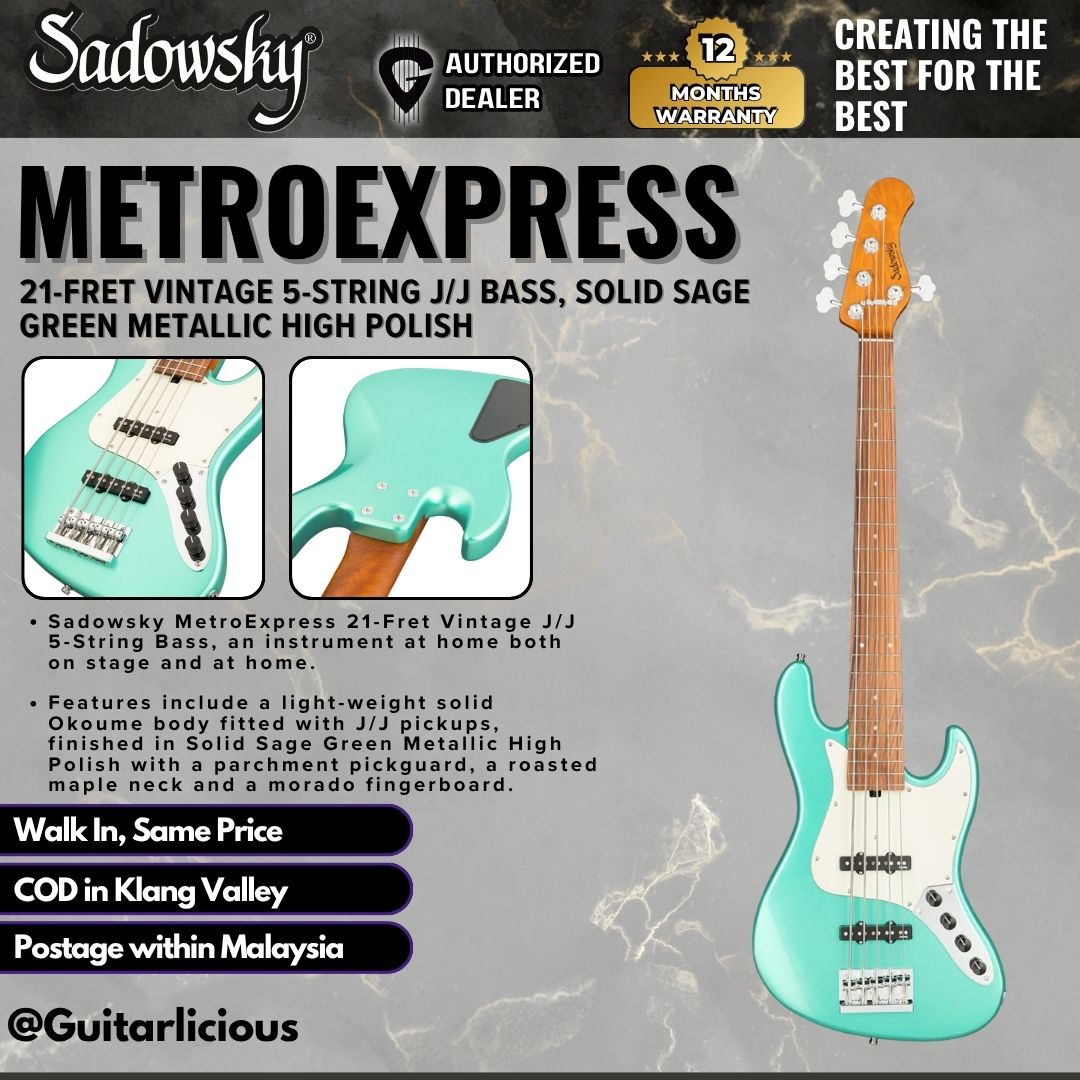 Sadowsky MetroExpress 21-Fret Vintage 5-String J/J Bass, Solid Sage Green Metallic High Polish