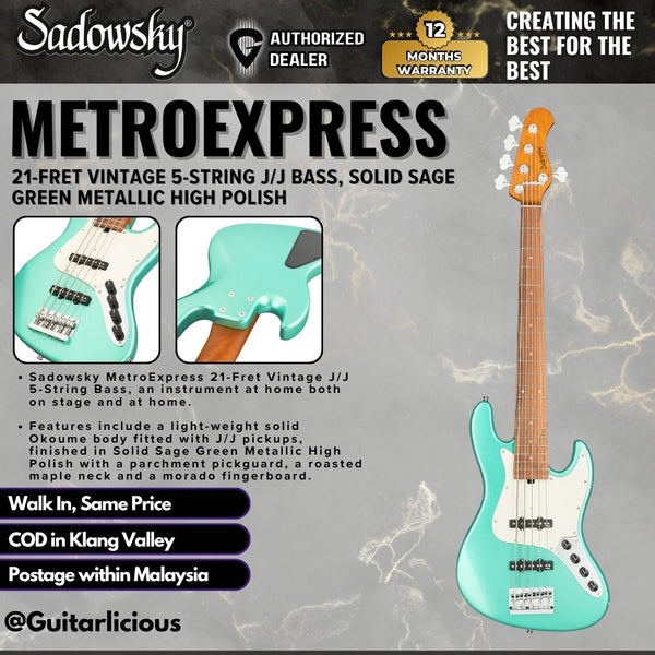 Sadowsky MetroExpress 21-Fret Vintage 5-String J/J Bass, Solid Sage Green Metallic High Polish