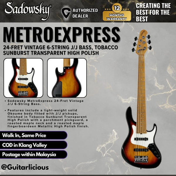 Sadowsky MetroExpress 24-Fret Vintage 6-String J/J Bass, Tobacco Sunburst Transparent High Polish
