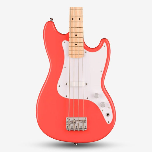 Squier Sonic Bronco 4 String Bass Guitar with White Pickguard, Maple FB - Tahitian Coral