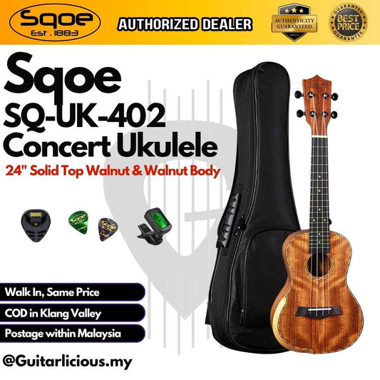 SQOE SQ-UK-402 Solid Top Walnut & Walnut Body 24" Concert Ukulele