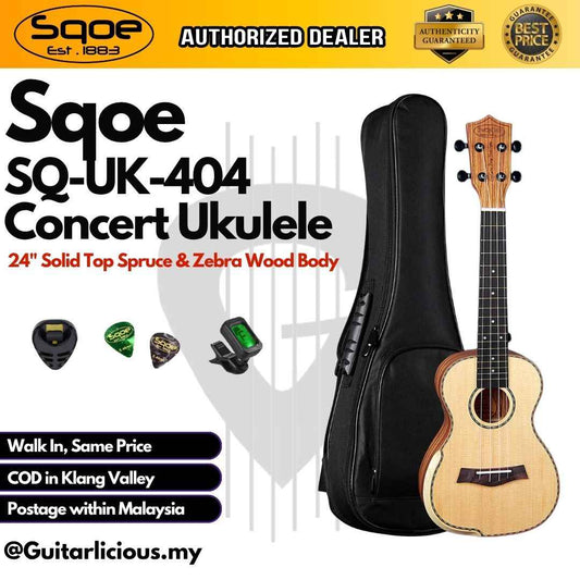 SQOE SQ-UK-404 Solid Top Spruce & Zebra Wood Body 24" Concert Ukulele