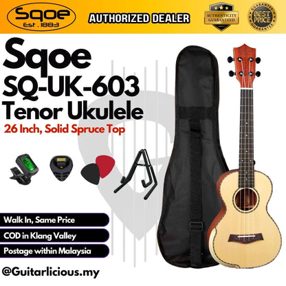 SQOE SQ-UK-603 , 26 inch Tenor Solid Top Spruce & Mahagony Body Ukulele ( SQUK603 / SQ-UK / UK603 / 603 )