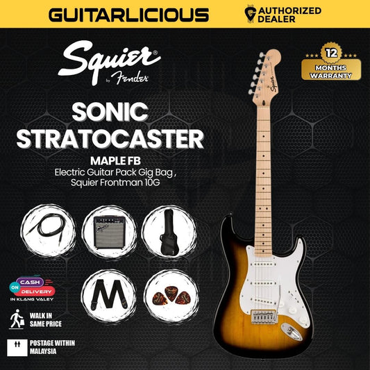 Squier Sonic SSS Stratocaster Electric Guitar Pack Gig Bag , Squier Frontman 10G , Maple FB - 2-Color Sunburst
