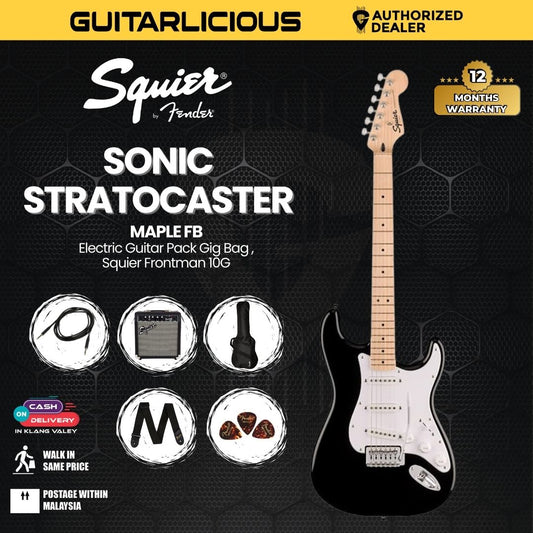 Squier Sonic SSS Stratocaster Electric Guitar Pack Gig Bag , Squier Frontman 10G , Maple FB - Black