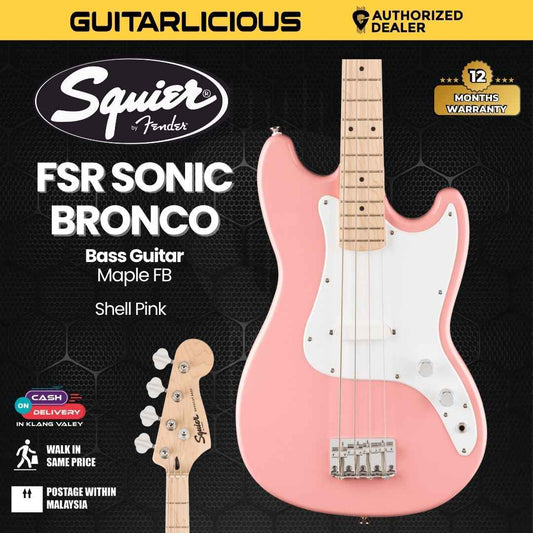 Squier FSR Sonic Bronco Bass Guitar, Maple FB - Shell Pink