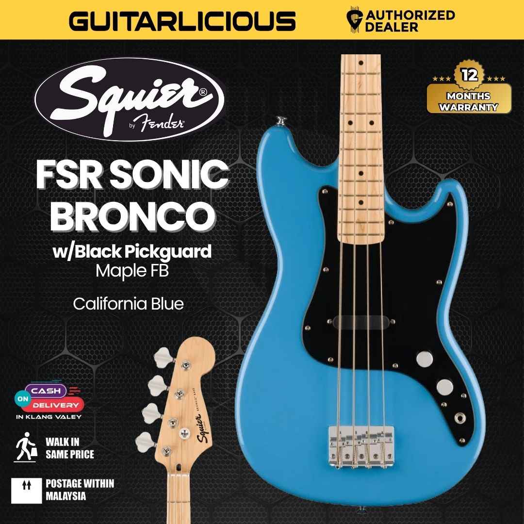 Squier FSR Sonic Bronco Bass Guitar w/Black Pickguard, Maple FB - California Blue