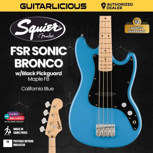 Squier FSR Sonic Bronco Bass Guitar w/Black Pickguard, Maple FB - California Blue