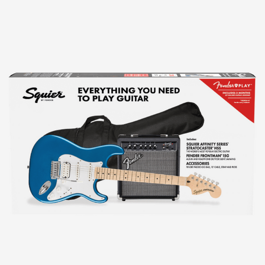 Squier by Fender Affinity Series HSS Stratocaster Guitar Pack, Maple FB with Frontman 15G and Gig Bag - Lake Placid Blue