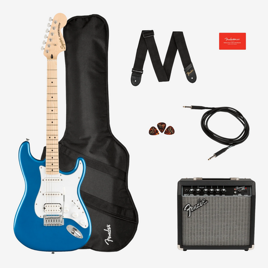 Squier by Fender Affinity Series HSS Stratocaster Guitar Pack, Maple FB with Frontman 15G and Gig Bag - Lake Placid Blue