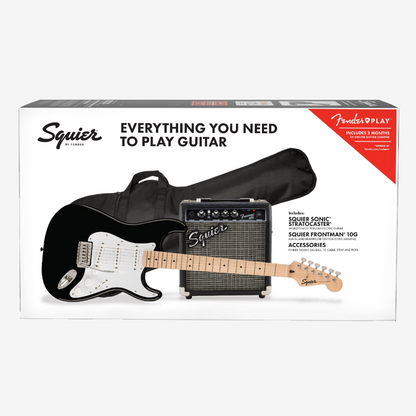 Squier by Fender Sonic SSS Stratocaster Electric Guitar Pack Gig Bag , Squier Frontman 10G , Maple FB - Black