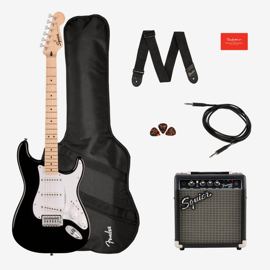 Squier by Fender Sonic SSS Stratocaster Electric Guitar Pack Gig Bag , Squier Frontman 10G , Maple FB - Black