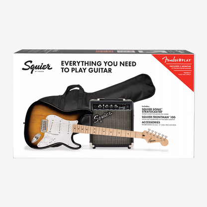 Squier by Fender Sonic SSS Stratocaster Electric Guitar Pack Gig Bag , Squier Frontman 10G , Maple FB - 2-Color Sunburst