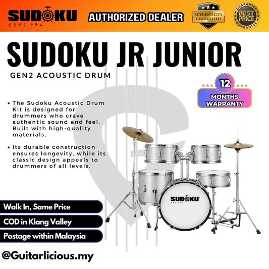 Sudoku JR Junior Gen2 Acoustic Drum Set with Cymbals - Silver White
