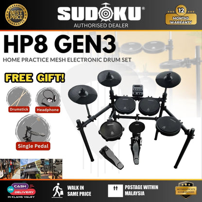 Sudoku Home Practice HP8 Gen 3 Mesh Black Electronic Drum Set With Accessories ( HP 8 / HP-8 / Mesh )
