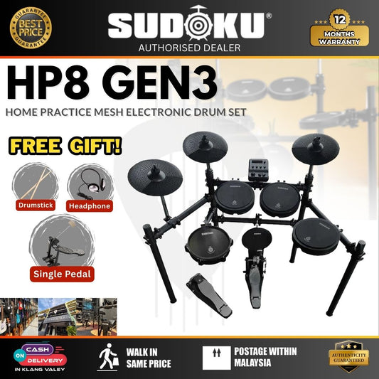 Sudoku Home Practice HP8 Gen 3 Mesh Black Electronic Drum Set With Accessories ( HP 8 / HP-8 / Mesh )