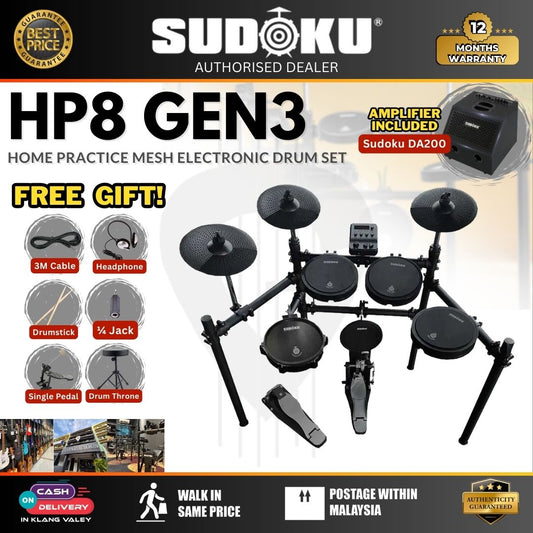 Sudoku Home Practice HP8 Gen 3 Mesh Black Electronic Drum Set With Accessories ( HP 8 / HP-8 / Mesh )