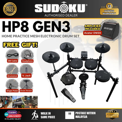 Sudoku Home Practice HP8 Gen 3 Mesh Black Electronic Drum Set With Accessories ( HP 8 / HP-8 / Mesh )