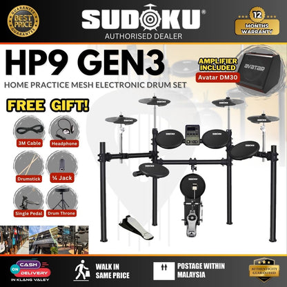 Sudoku Home Practice HP9 Gen3 Mesh Black Electronic Drum Set with Accessories ( HP 9 Mesh / HP-9-Mesh ) (3)