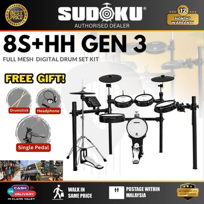 Sudoku Lucas 8S + HH Stand Gen3 Series Full Mesh Electronic Drum w/Drumsticks, Headphone, Pedals ( LUCAS8S / Lucas-8S )