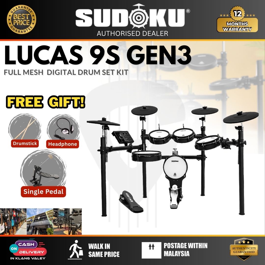 Sudoku Lucas 9S Gen3 Series Full Mesh Electronic Drum w/Drumsticks, Headphone, Pedals