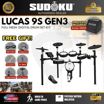 Sudoku Lucas 9S Gen3 Series Full Mesh Electronic Drum w/Drumsticks, Headphone, Pedals (3)