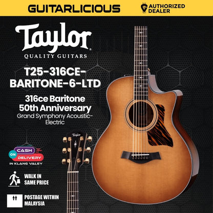 Taylor 316ce Baritone 50th Anniversary Grand Symphony Acoustic-Electric Guitar, Shaded Edgeburst