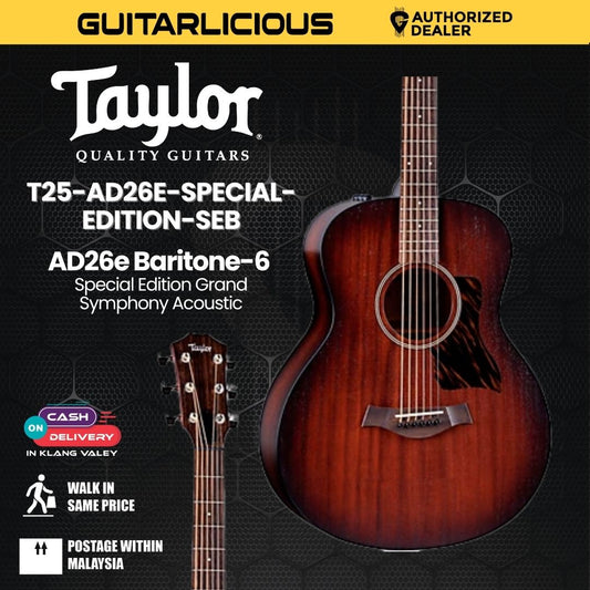 Taylor AD26e Baritone-6 Special Edition Grand Symphony Acoustic Guitar w/Bag, Shaded Edge Burst