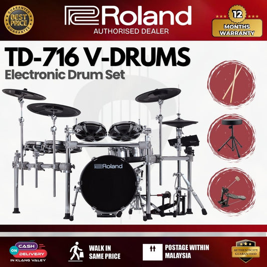 Roland TD-716 V-Drums Electronic Drum Set w/Drum Throne, Single Pedal