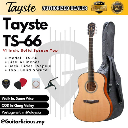 Tayste 41 inch Solid Spruce Acoustic Guitar with Sapele Side ( TS-66-N / TS66 )