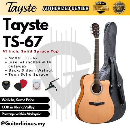 Tayste 41 inch Solid Spruce Cutaway Acoustic Guitar with Walnut Side ( TS-67-N / TS67 / TS67N)