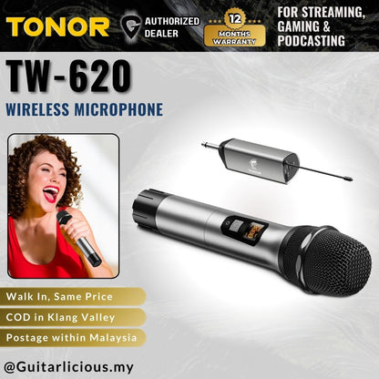 TONOR TW-620 Wireless Mic, UHF Metal Cordless Handheld Mic System w/ Rechargeable Receiver for Karaoke, 200ft (TW620)